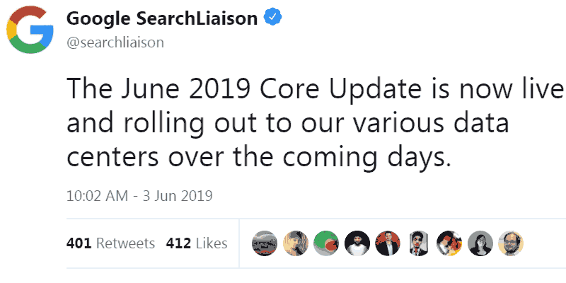 Screenshot of Google's tweet announcing the June Core Algorithm Update was live