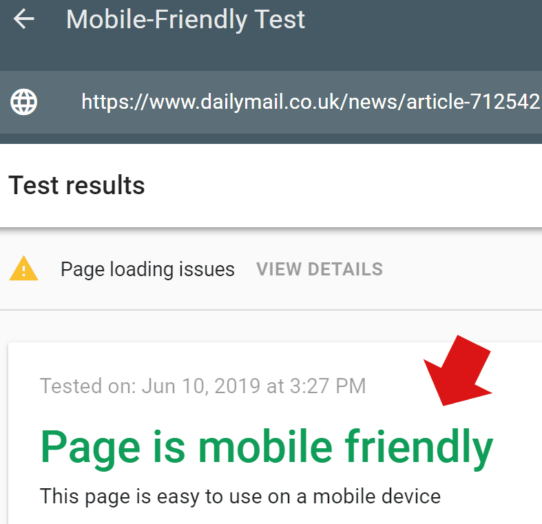 Screenshot of Google's Mobile Friendly Testing Tool