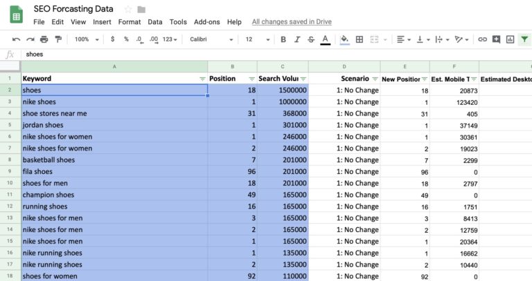 screenshot of seo forecasting data in google sheets