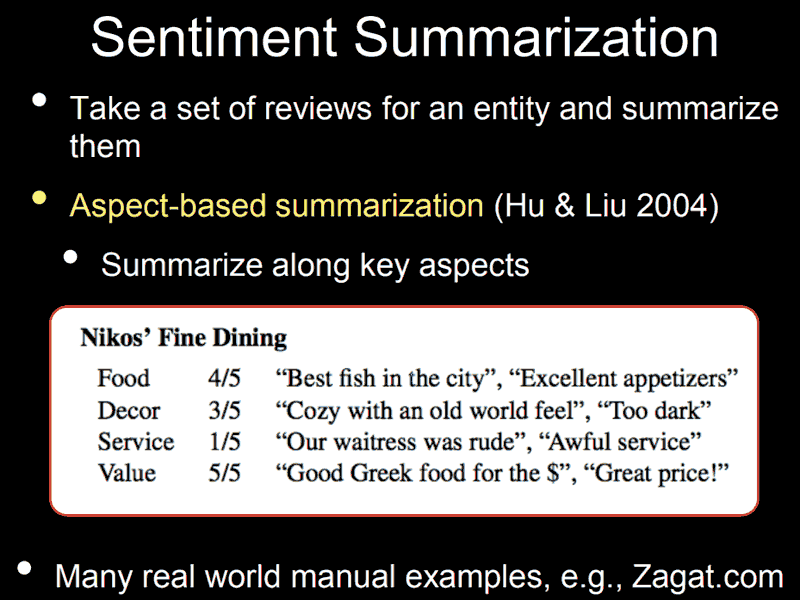 Screenshot of a Google presentation about Sentiment Summarization