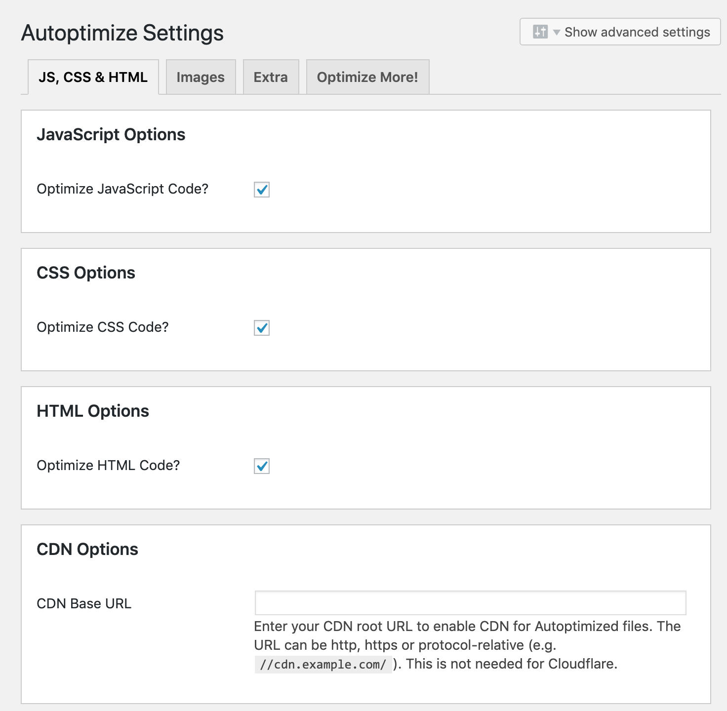 Autoptimize plugin settings.