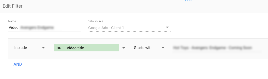 data studio video table filter