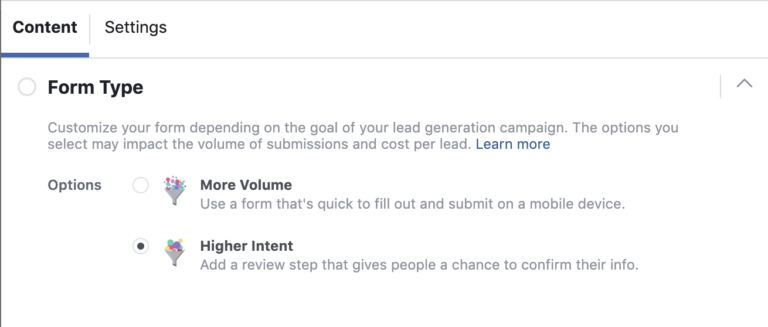 Facebook Lead Gen Form Type Settings