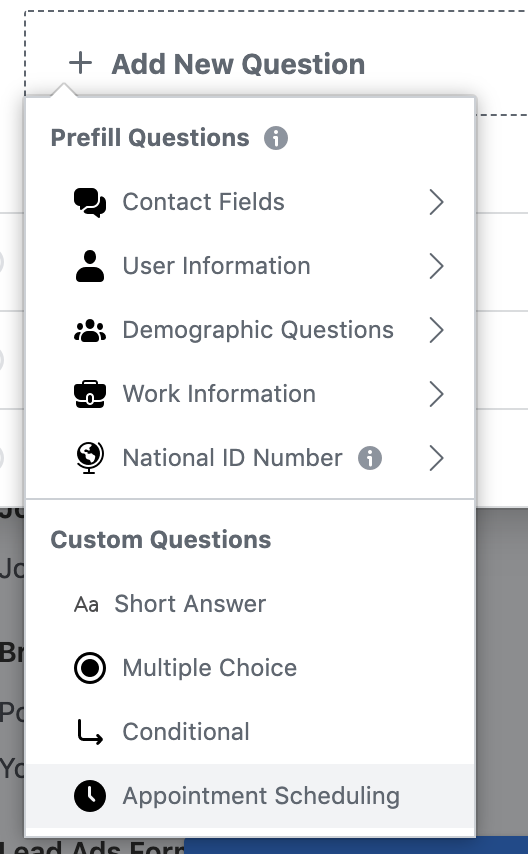 Facebook Lead Gen Forms Question Options