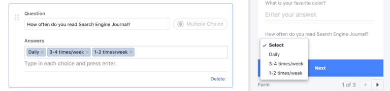 Facebook Lead Gen Forms Multiple Choice Question