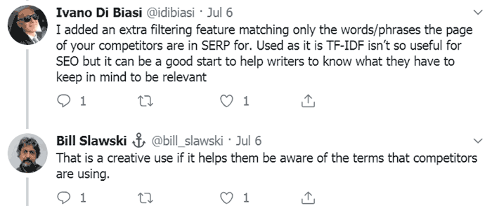 screenshot of a bill slawski tweet commenting about usefulness of TF-IDF for content analysis