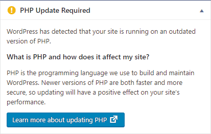 Screenshot of a WordPress Update Notice Widget, also known as a Nag Screen