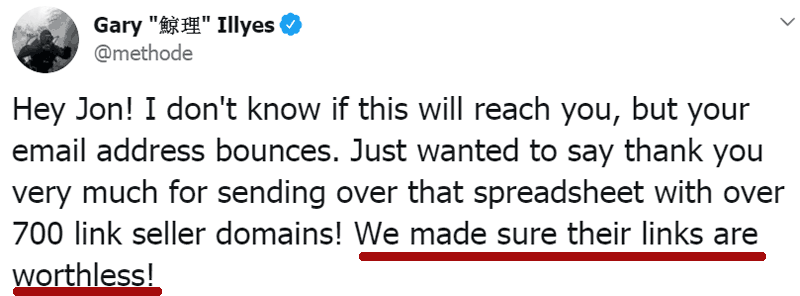 screenshot of a tweet by Google's Gary Illyes about a paid link network Google made worthless