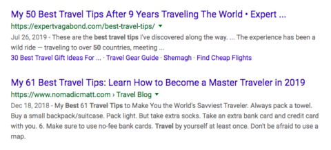 SERPs screenshot of "travel tips"