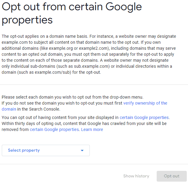Screenshot of Google Search Console Opt Out Page