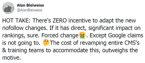 Screenshot of tweet by Alan Bleweiss discussing Google's nofollow hint announcement