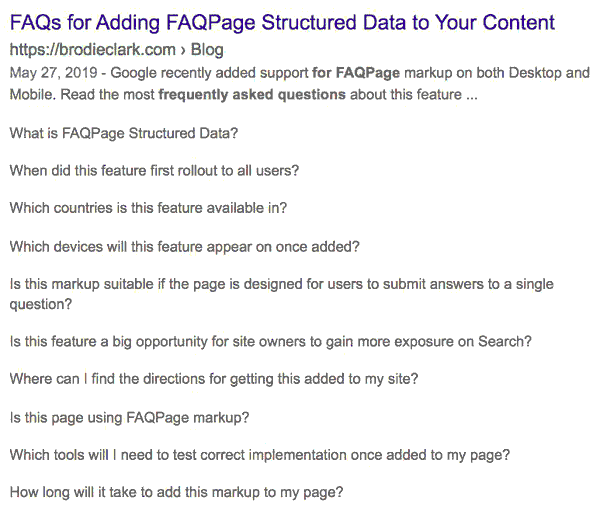 Screenshot of a search result with ten FAQs