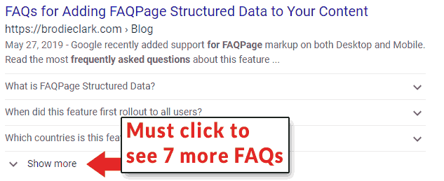 Screenshot of a search result with 7 FAQs