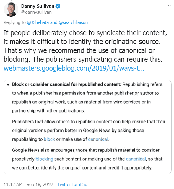 screenshot of a tweet by danny sullivan of Google