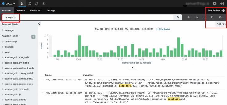 Bar chart showing Googlebot crawling in Logz.io