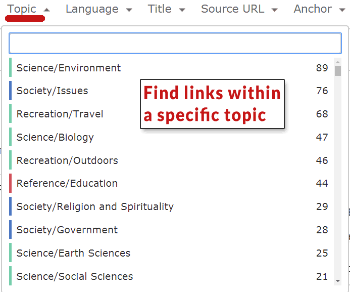 Screenshot of Majestic link research tool's ability to research backlinks by topic.