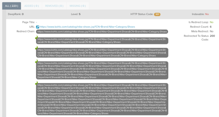 Redirect chain report in DeepCrawl