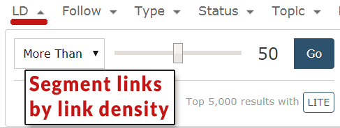 Screenshot of link density search feature in Majestic's improved backlink research tool