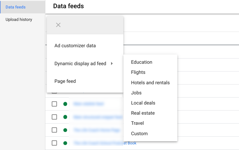 google ads screenshot of dynamic display ad feed dropdown