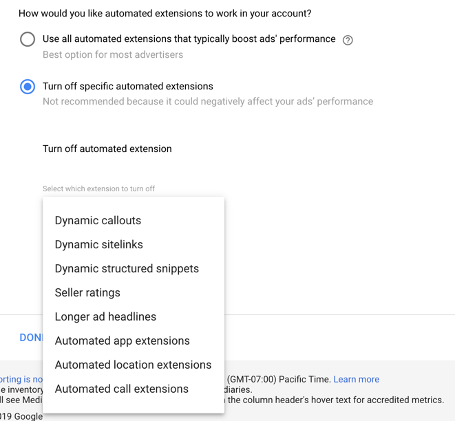 drop down of automated extensions
