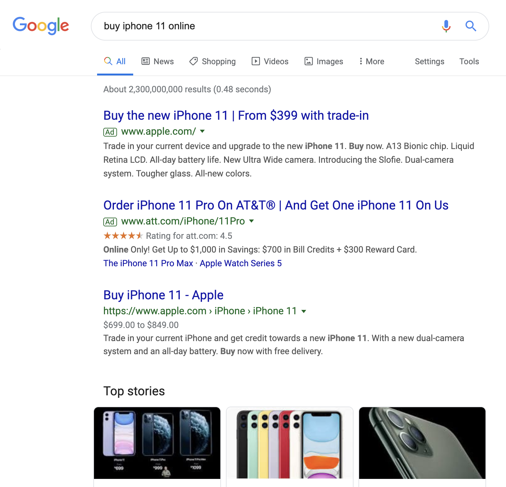 SERP for query buy iphone 11 online