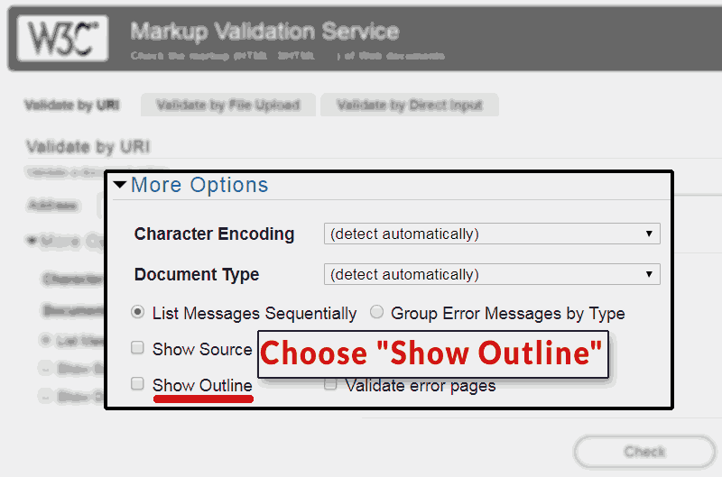 Screenshot of W3C HTML Validator illustrating the "Show Outline" option.