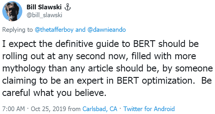 screenshot of a tweet by bill slawski about Google BERT