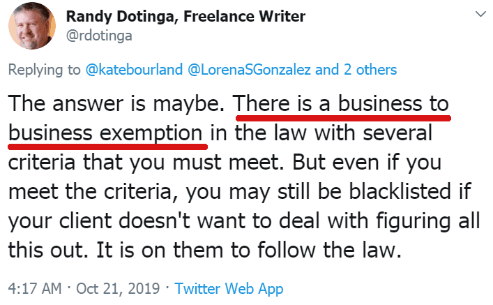 Screenshot of a tweet by Randy Dotinga claiming there are exemptions to California freelance law