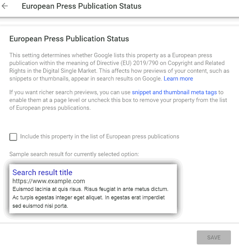 Screenshot of European Press Publication Status section of Google's search console
