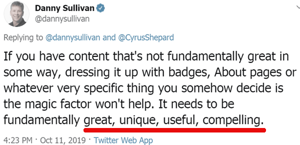 Screenshot of a tweet by Google's Danny Sullivan