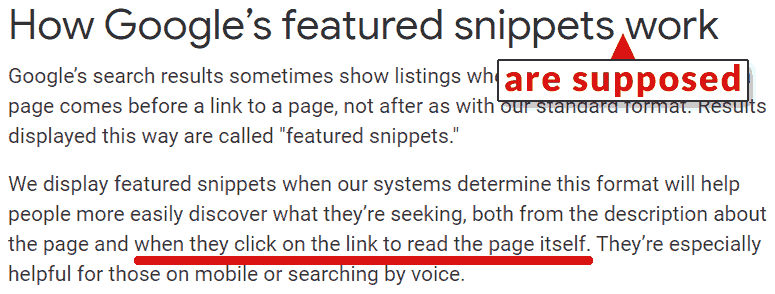Screenshot of Google's help page describing how featured snippets work
