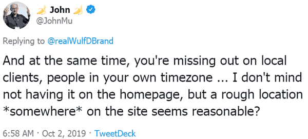Screenshot of a tweet by Google's John Mueller asking if SEOs are leaving behind local SEO clients by not listing their address