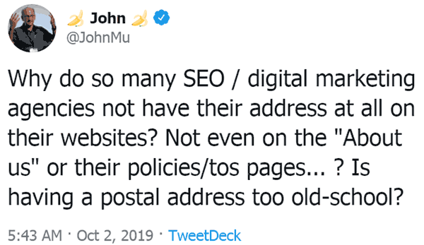 Screenshot of a tweet by John Mueller who works as a Webmaster Trends Analyst at Google