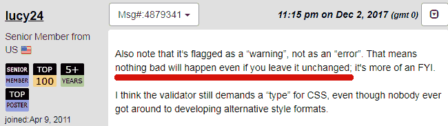 Screenshot of a webmasterworld forum member downplaying the type attribute validation warning