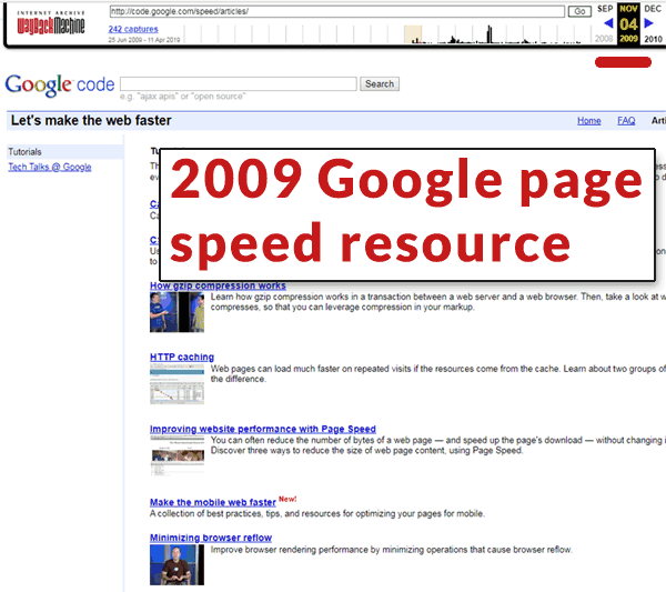 Screenshot of an Archive Page of Google Page Speed Resource Page from 2009