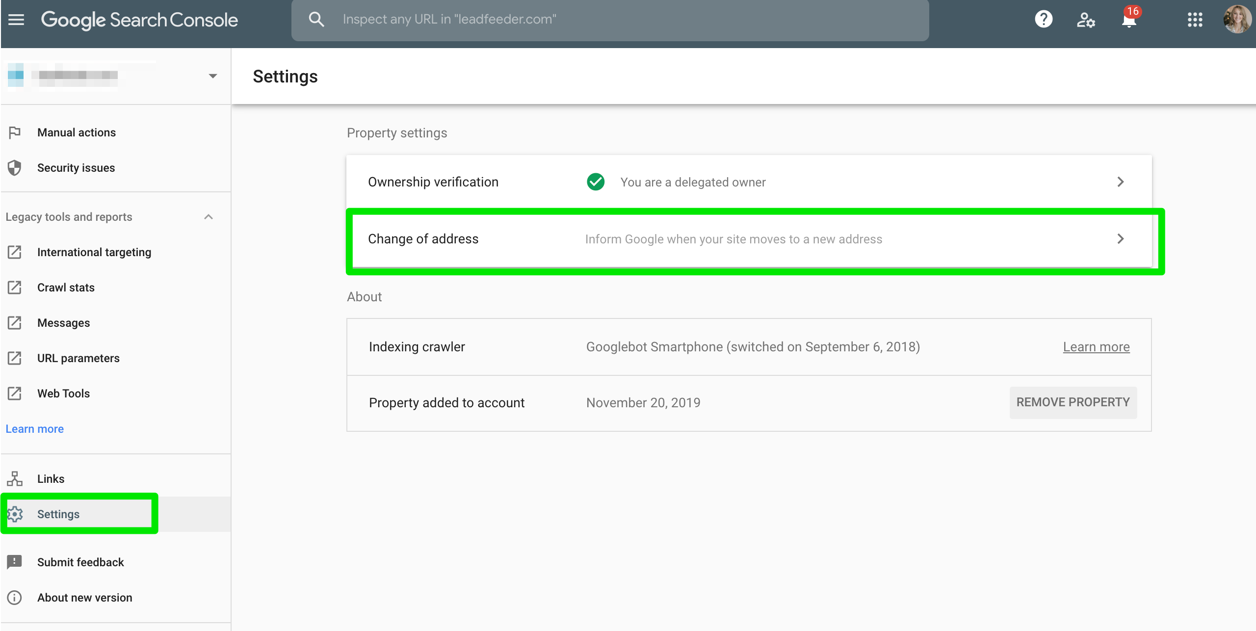 google search console change address