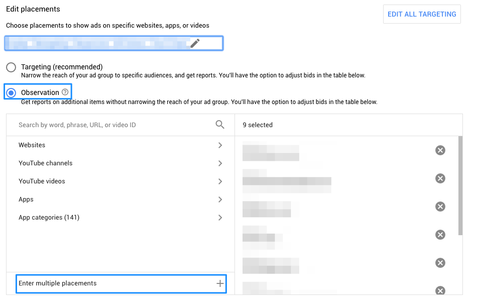 Google Display Network Edit Managed Placements