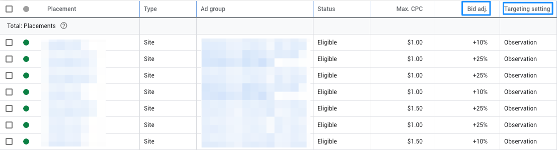 Google Display Network Managed Placement Columns