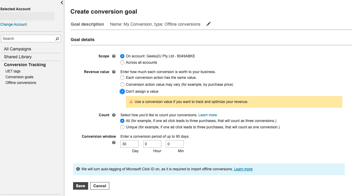 Conversion Goal Settings