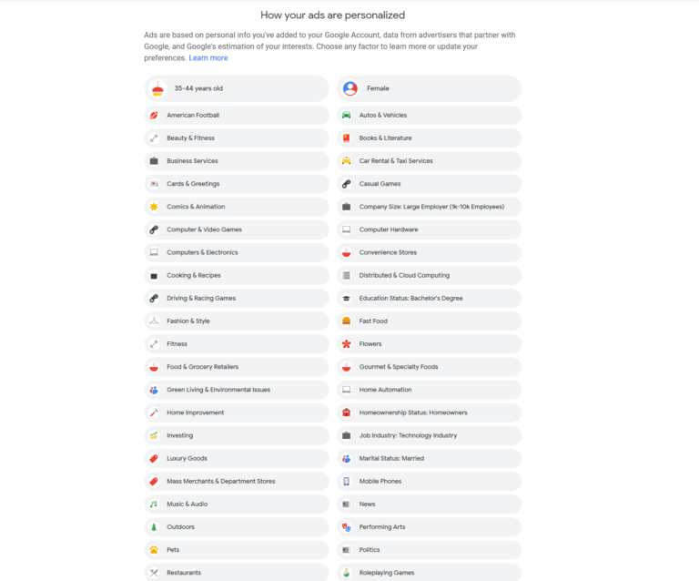 A list of interests and attributes that Google gathers about you from your browsing behaviour