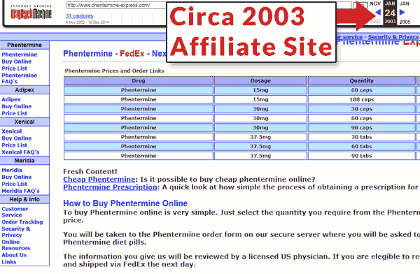 Screenshot of an ugly affiliate site circa 2003