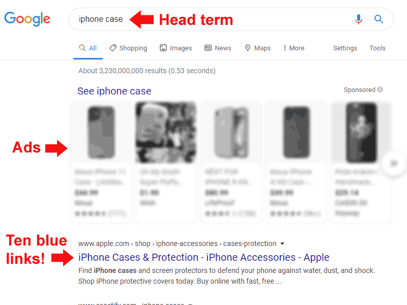 Screenshot of a Google search result for the keyword phrase iphone case