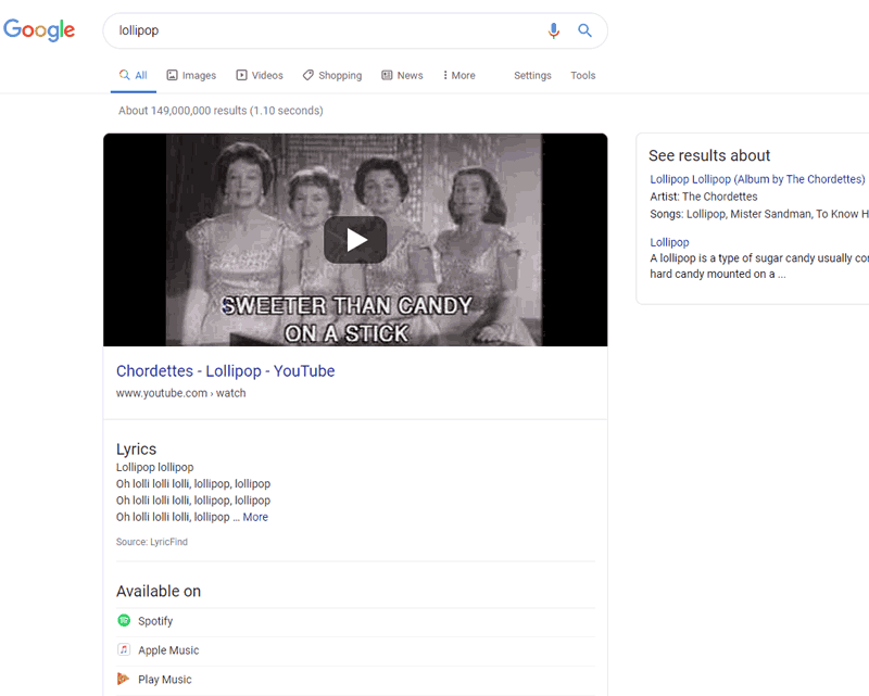 Screenshot of search results for search phrase Lollipop