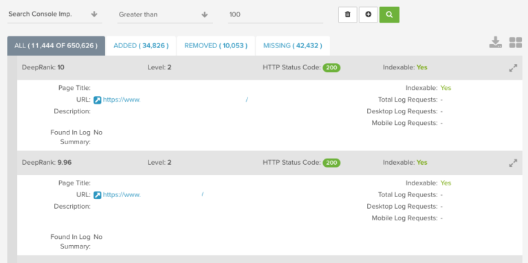 Pages with no bot hits filtered by GSC impressions in DeepCrawl