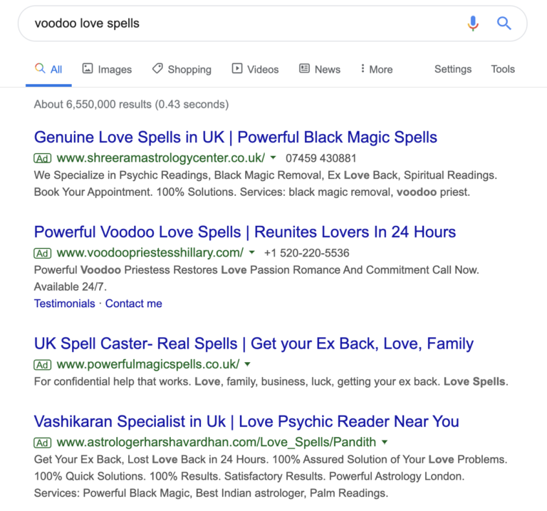 Voodoo love spells Google ad