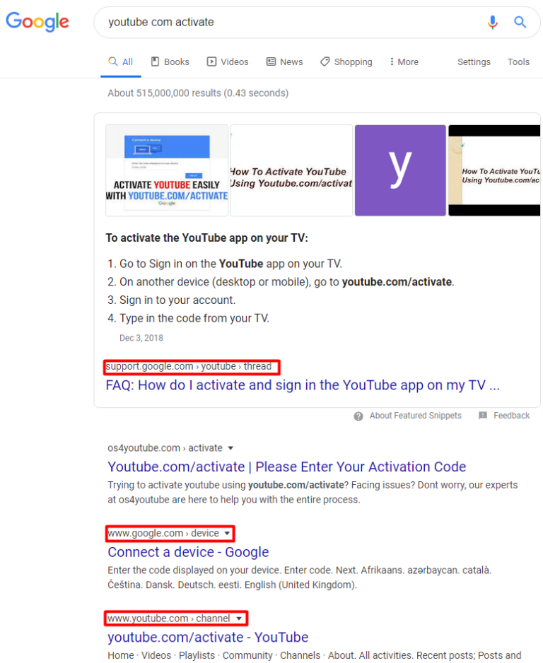 YouTube Featured Snippet with Multiple Organic Search Results Across Google-Owned Domains