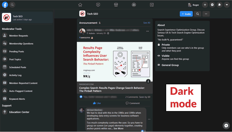 Screenshot of Facebook's new dark mode