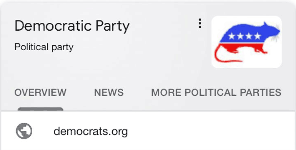 Screenshot of Google's Knowledge Panel for the Democratic Party that shows an image of a rat as the symbol instead of a donkey