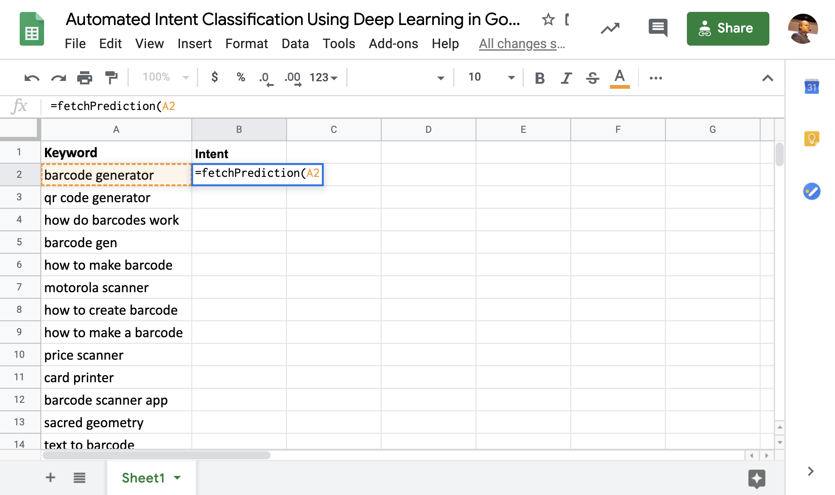 Automated Intent Classification Using Deep Learning in Google Sheets