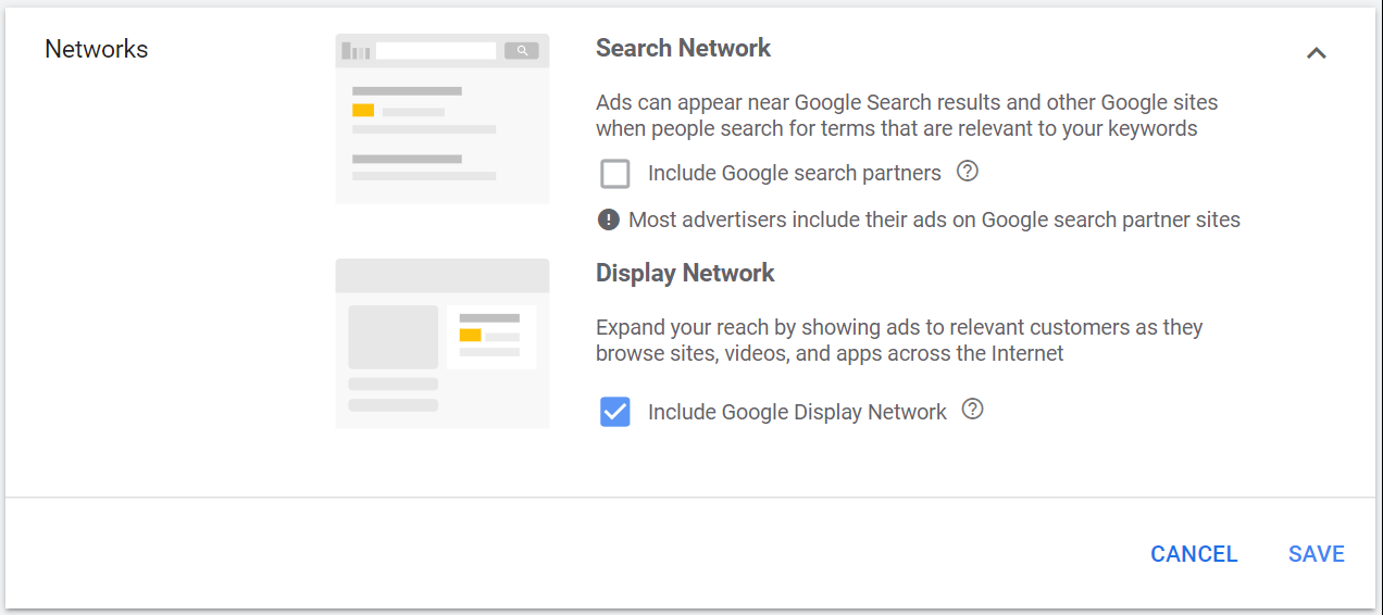 Google Search Targeting including Search and Display options
